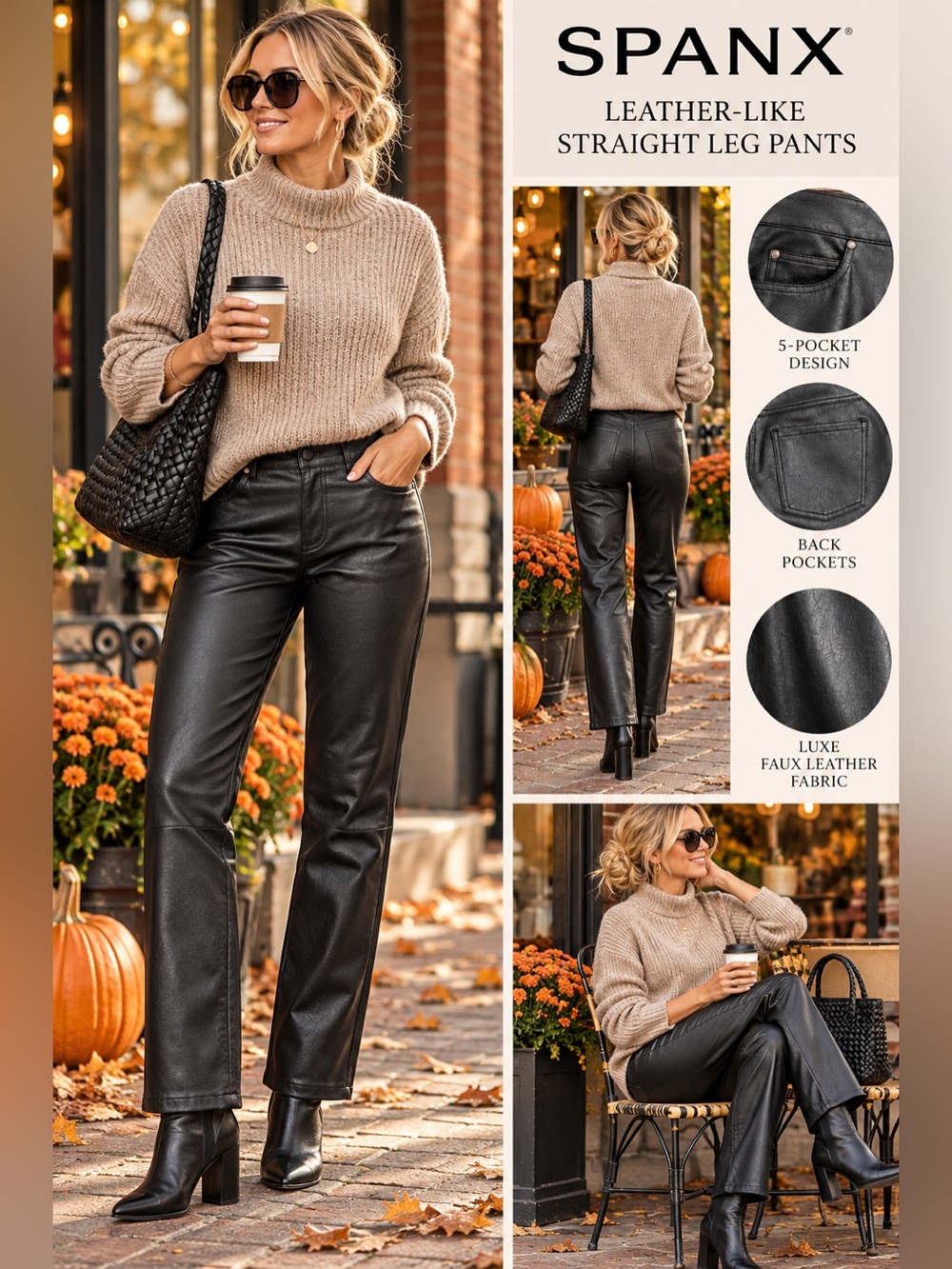 SPANX Luxe Faux Leather 5-Pocket Straight Leg Pants Black Size Large
